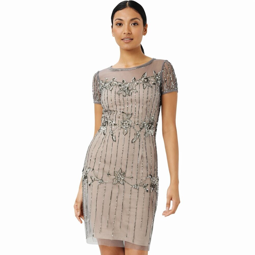 Beaded Cocktail Dress 6 Adrianna Papell Silver Taupe Wedding Guest